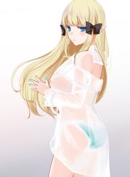 Rule 34 | 1girl, aqua bikini, bikini, bikini bottom only, black bow, blonde hair, blue eyes, blunt bangs, blush, bow, breasts, dress, elf, eyebrows hidden by hair, from side, gradient background, hair bow, halterneck, long hair, looking at viewer, nipples, open mouth, pointy ears, princess connect!, ringo no tart, saren (princess connect!), saren (summer) (princess connect!), see-through, see-through dress, simple background, solo, swimsuit