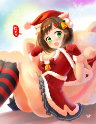 Rule 34 | 1girl, absurdres, animal ears, artist name, black socks, bow, breasts, brown hair, capelet, cat ears, cat tail, christmas, commentary, dress, fang, fur-trimmed capelet, fur-trimmed dress, fur trim, gloves, green eyes, hair bow, hair ornament, hairclip, hat, heart, highres, idolmaster, idolmaster cinderella girls, kibihimi, kneehighs, looking at viewer, maekawa miku, medium breasts, open mouth, panties, pantyshot, paw pose, pleated dress, red bow, red capelet, red gloves, red hat, red socks, sack, santa dress, santa gloves, santa hat, short dress, short hair, signature, sitting, smile, snowflakes, socks, solo, star (symbol), star hair ornament, striped clothes, striped socks, tail, underwear