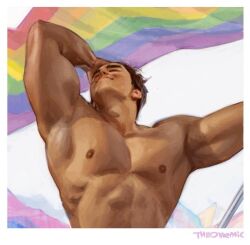 Rule 34 | 1boy, artist name, bara, black hair, border, closed eyes, closed mouth, commentary, flag, hand on own head, holding, holding flag, large pectorals, lgbt pride, male focus, muscular, muscular male, nude, original, pectorals, pride month, rainbow flag, short hair, smile, solo, symbol-only commentary, theo (theobromicart), thick eyebrows, white border
