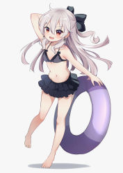 Rule 34 | 1girl, :d, absurdres, arm behind head, arm up, bare arms, bare legs, bare shoulders, barefoot, bikini, bikini skirt, black bikini, black bow, blush, bow, breasts, earrings, fang, full body, grey background, grey hair, hair between eyes, hair bow, highres, ikazu401, innertube, jewelry, layered bikini, long hair, looking at viewer, navel, open mouth, original, red eyes, shadow, simple background, small breasts, smile, solo, standing, standing on one leg, swim ring, swimsuit, v-shaped eyebrows, very long hair