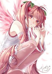 Rule 34 | 1girl, cherry, cherry blossoms, cherry hair ornament, detached sleeves, falling petals, flower on mouth, food, food-themed hair ornament, fruit, hair ornament, hatsune miku, highres, long hair, looking at viewer, mai mugi, necktie, petals, pink eyes, pink footwear, pink hair, pink necktie, pink skirt, pink sleeves, pink thighhighs, sakura miku, signature, skirt, solo, squatting, thighhighs, vocaloid, wings