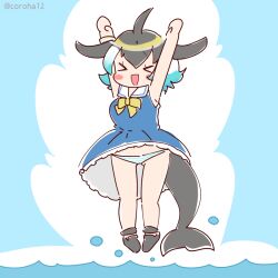 Rule 34 | 1girl, arms up, black hair, blue background, blue hair, bow, bowtie, cetacean tail, common dolphin (kemono friends), coroha, dolphin girl, dress, fins, fish tail, full body, head fins, jumping, kemono friends, looking at viewer, multicolored hair, panties, sailor collar, sailor dress, shoes, short hair, simple background, solo, tail, two-tone hair, underwear