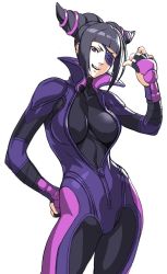 Rule 34 | 1girl, bad id, bad twitter id, biker clothes, bikesuit, bodysuit, breasts, capcom, drill hair, eyepatch, han juri, impossible bodysuit, impossible clothes, large breasts, looking at viewer, oetaro, popped collar, purple bodysuit, smile, solo, street fighter, street fighter v, twin drills