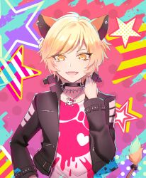 Rule 34 | 1girl, animal ears, black choker, blonde hair, choker, highres, jacket, jewelry, laina (show by rock!!), leather, leather jacket, lion ears, lion girl, lion tail, long sleeves, looking at viewer, mel6969, necklace, orange eyes, pink shirt, shirt, short hair, show by rock!!, solo, tail
