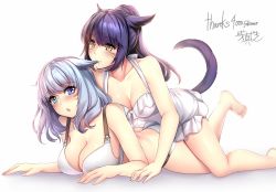 Rule 34 | 10s, 2girls, :o, all fours, animal ears, aqua eyes, aruma jiki, bare arms, bare shoulders, barefoot, biting, black hair, blue eyes, blush, breasts, cat ears, cat girl, cat tail, chestnut mouth, cleavage, collarbone, couple, ear biting, facial mark, feet, female focus, final fantasy, final fantasy xiv, girl on top, halterneck, heterochromia, large breasts, long hair, lying, medium breasts, midriff, milestone celebration, miqo&#039;te, multiple girls, on stomach, one-piece swimsuit, open mouth, ponytail, short hair, silver hair, slit pupils, square enix, swimsuit, tail, warrior of light (ff14), white one-piece swimsuit, yellow eyes, yuri