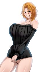 Rule 34 | 1girl, absurdres, alternate hair length, alternate hairstyle, bare legs, bare shoulders, barely clothed, bleach, blouse, blue eyes, breasts, cleavage, cleft of venus, curvy, female focus, highres, huge breasts, large breasts, looking at viewer, matsumoto rangiku, mole, mole under mouth, no bra, no panties, no underwear, orange hair, pussy, shirt, shoulder length hair, skimpy, skimpy clothes, solo, sweater, the amazing gambit, uncensored, wet