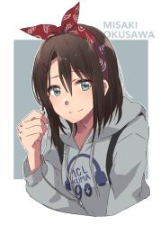 Rule 34 | 1girl, bang dream!, bow, brown hair, character name, closed mouth, clothes writing, earbuds, earphones, green eyes, grey background, hair between eyes, hair bow, hair ornament, hairband, hairclip, hand up, hood, hood down, hoodie, long sleeves, looking at viewer, okusawa misaki, red bow, rinto (rint rnt), simple background, smile, solo, upper body
