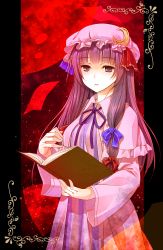 Rule 34 | 1girl, book, crescent, crote, female focus, highres, long hair, parted lips, patchouli knowledge, purple eyes, purple hair, ribbon, solo, touhou