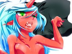 Rule 34 | 10s, blue hair, blush, breasts, colored skin, demon girl, glasses, kneesocks (psg), long hair, nabe (ingenmame), nipples, open mouth, panty &amp; stocking with garterbelt, pillow, pointy ears, red skin, sex, small breasts