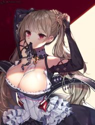 Rule 34 | 1girl, adjusting hair, arms up, azur lane, bad id, bad pixiv id, between breasts, black dress, black nails, bow, breasts, bunching hair, cleavage, collarbone, commentary request, covered erect nipples, detached collar, detached sleeves, dress, earrings, flight deck, formidable (azur lane), frilled dress, frills, glint, grey hair, hair bow, hair ribbon, hair tie in mouth, jewelry, large breasts, lerome, long hair, long sleeves, looking at viewer, maid, mouth hold, nail polish, red eyes, revision, ribbon, solo, twintails, two-tone background, upper body, very long hair