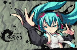 Rule 34 | 1girl, aqua eyes, aqua hair, bad id, bad pixiv id, bridal gauntlets, capcom, elbow gloves, fighting stance, fingerless gloves, gloves, hatsune miku, hatsune miku (append), imazon, ink, long hair, necktie, parody, solo, street fighter, street fighter iv (series), twintails, vocaloid, vocaloid append