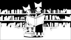 Rule 34 | 1boy, 1girl, 21grams, :o, animal ear headwear, animal ears, beanie, book, book stack, bookshelf, cat ears, child, closed eyes, closed mouth, collared shirt, commentary request, dress, fake animal ears, full body, hat, high collar, holding, holding book, indoors, library, long dress, long sleeves, monochrome, open book, open mouth, original, oversized clothes, pants, pantyhose, reading, scarf, shadow, shirt, shoes, short hair, sleeveless, sleeveless dress, slippers, smile, star (symbol), star print, striped clothes, striped pants, striped scarf, sweater, vertical-striped clothes, vertical-striped pants, very short hair