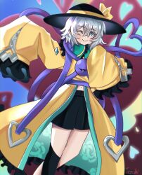 Rule 34 | 1girl, ;), adapted costume, black skirt, blurry, blurry background, crossed bangs, feet out of frame, floral print, grey eyes, grey hair, hat, hat ribbon, heart, heart of string, highres, komeiji koishi, long sleeves, looking at viewer, one eye closed, ribbon, rose print, shirt, short hair, skirt, smile, solo, temshi, third eye, touhou, wide sleeves, yellow ribbon, yellow shirt