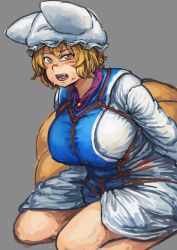 Rule 34 | 1girl, animal hat, arms behind back, bad id, bad tumblr id, bdsm, blonde hair, blush, breasts, chanta (ayatakaoisii), commentary, dress, fox tail, grey background, hair between eyes, hat, highres, huge breasts, legs, long sleeves, looking at viewer, mob cap, multiple tails, open mouth, shibari, short hair, simple background, sketch, solo, sweatdrop, tabard, tail, thighs, tongue, touhou, white dress, yakumo ran, yellow eyes