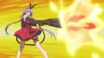 Rule 34 | 1girl, :d, animated, bow, breasts, cleavage, dress, fire, firing, fire, flamethrower, gun, hair bow, holding, holding gun, holding weapon, kyokou suiri, large breasts, long hair, nanase karin (kyokou suiri), open mouth, purple eyes, purple hair, smile, solo, tagme, twintails, weapon, video