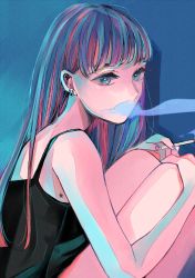 Rule 34 | 1girl, absurdres, black shirt, blue background, blue eyes, cigarette, earrings, highres, holding, holding cigarette, huge filesize, jewelry, knees up, long hair, looking at viewer, multicolored hair, nail polish, original, pink nails, richard-kun, shirt, simple background, smoke, smoking, star (symbol)