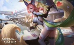 Rule 34 | arena of valor, blue eyes, breasts, car, character request, checkered flag, closed mouth, clothing request, commentary, copyright name, english text, flag, fluffy, heart, highres, large breasts, motor vehicle, one eye closed, race vehicle, racecar, racetrack, sparkle, tagme, tail, thighhighs, white thighhighs, y xun