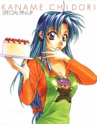 Rule 34 | 00s, 1girl, apron, blue hair, blush, breasts, cake, character name, chibi, chidori kaname, cleavage, finger in own mouth, fingernails, food, food on hand, fruit, full metal panic!, highres, long hair, looking at viewer, low-tied long hair, pastry, purple eyes, purple hair, sagara sousuke, scan, scan artifacts, simple background, solo, strawberry, sweatdrop, tateo retsu, white background
