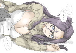 Rule 34 | 1boy, 1girl, bangs pinned back, black-framed eyewear, blue eyes, bra, breasts, camisole, cleavage, clothes lift, covered erect nipples, elf (stroll in the woods), glasses, hair flip, kagamihara sakura, large breasts, long hair, lying, on side, purple hair, ribbed sweater, shirt lift, solo focus, sweat, sweater, underwear, white background, yellow sweater, yurucamp