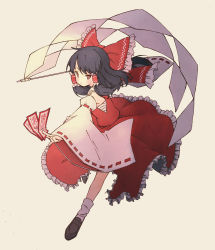 Rule 34 | 1girl, bad id, bad pixiv id, between fingers, black footwear, black hair, bow, brown eyes, commentary request, detached sleeves, dress, enoki, frilled skirt, frills, full body, gohei, hair bow, hair tubes, hakurei reimu, highres, holding, loafers, long hair, long sleeves, looking at viewer, nontraditional miko, ofuda, ponytail, red bow, red dress, ribbon-trimmed sleeves, ribbon trim, sarashi, shide, shoes, skirt, socks, solo, touhou, white background, white socks, wide sleeves