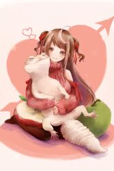 Rule 34 | 1girl, absurdres, ahoge, animal, animal hug, apple, apple slice, arrow through heart, blush, bow, brown eyes, closed eyes, clothing cutout, food, fruit, gecko, green apple, hair bow, heart, heart background, highres, inuki matoi, kagayaki stars, leaf, long hair, looking at animal, multicolored hair, nozomi gasu, oversized animal, re:act, red apple, red bow, red sweater, ribbed sweater, shoulder cutout, simple background, sitting, smile, solo, streaked hair, sweater, twintails, very long hair, virtual youtuber, wariza, white hair