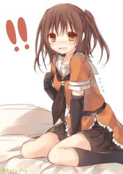 Rule 34 | !, !!, 10s, 1girl, between legs, black gloves, black socks, blush, brown eyes, brown hair, elbow gloves, gloves, hand between legs, kantai collection, kneehighs, komeshiro kasu, long hair, looking at viewer, neckerchief, night battle idiot, open mouth, personification, sendai (kancolle), sitting, skirt, socks, solo, twintails, twitter username, two side up, wariza
