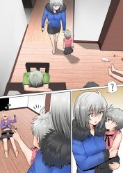 Rule 34 | 1girl, 4boys, ?, ahoge, astolfo (fate), astolfo (memories at trifas) (fate), barefoot, belt, chair, comic, crossdressing, fate/apocrypha, fate/grand order, fate (series), fujimaru ritsuka (male), fur trim, ginhaha, grey hair, jacket, jeanne d&#039;arc (fate), jeanne d&#039;arc alter (avenger) (fate), jeanne d&#039;arc alter (fate), mother and son, multiple boys, navel, no legwear, official alternate costume, pointing, prince of lan ling (fate), short hair, skirt, spoken question mark, table, trap, wooden floor, yellow eyes, zzz