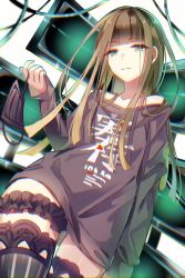 Rule 34 | 1boy, artist request, black shirt, brown hair, closed mouth, green eyes, green thighhighs, gretel (sinoalice), hair between eyes, holding, long hair, long sleeves, looking at viewer, mask, mouth mask, reality arc (sinoalice), shirt, sinoalice, smile, solo, striped clothes, striped thighhighs, thighhighs, trap