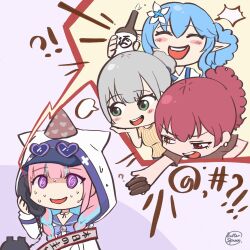 Rule 34 | !?, 4girls, @ @, baseball cap, birthday sash, blue hair, bottle, braid, butter spoon, commentary, earrings, eyewear on headwear, flower, hair flower, hair ornament, hat, heterochromia, highres, holding, holding bottle, holding phone, hololive, houshou marine, jewelry, low twin braids, minato aqua, multicolored hair, multiple girls, nervous sweating, open mouth, party hat, phone, pink hair, pointy ears, ponytail, purple eyes, red eyes, red hair, sake bottle, sash, shirogane noel, signature, smile, sunglasses, sweat, translation request, twin braids, two-tone hair, virtual youtuber, white hood, yellow eyes, yukihana lamy