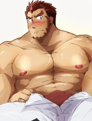 Rule 34 | 1boy, abs, akashi (live a hero), bara, bulge, bulge press, cowboy shot, erection, erection under clothes, facial hair, goatee, highres, kaeru333938123, large pectorals, live a hero, long sideburns, looking at viewer, male focus, male underwear, muscular, muscular male, navel, nipples, open fly, pectorals, red eyes, red hair, red male underwear, scar, scar on face, scar on nose, short hair, shy, sideburns, solo, stomach, strongman waist, thick eyebrows, topless male, underwear