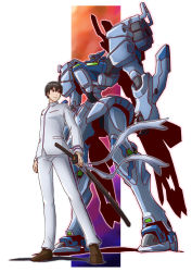 Rule 34 | 1boy, black eyes, black hair, brown footwear, highres, holding, holding sword, holding weapon, katana, looking to the side, male focus, mecha, muv-luv, muv-luv alternative, muv-luv alternative (anime), open hand, robot, school uniform, science fiction, standing, sword, tactical surface fighter, taiga hiroyuki, type 97 fubuki, v-shaped eyebrows, visor, weapon