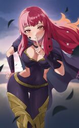 Rule 34 | 1girl, absurdres, belt, blunt bangs, bodysuit, breasts, brown eyes, cape, cleavage, cleavage cutout, clothing cutout, facial mark, finger to mouth, fire emblem, fire emblem engage, hand on own hip, highres, long hair, looking at viewer, medium breasts, nintendo, pearlbbbb, red hair, shushing, solo, star (symbol), yunaka (fire emblem)
