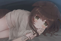 Rule 34 | 1boy, 1girl, animal ear fluff, animal ears, blush, brown eyes, brown hair, child, long hair, looking at viewer, lying, on side, original, psyche3313, solo focus, tail, under covers