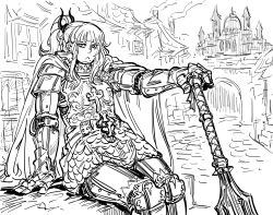 Rule 34 | 1girl, :&lt;, arm support, armor, bb (baalbuddy), blunt bangs, breastplate, cape, castle, chainmail, closed mouth, faulds, full armor, gauntlets, greaves, greyscale, hand on hilt, highres, knight, looking at viewer, mace, medium hair, mole, mole under mouth, monochrome, original, pauldrons, planted, ponytail, shoulder armor, sitting, solo, unfinished, sketch background, weapon