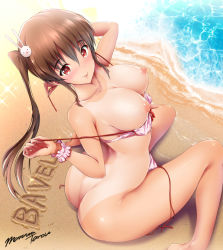 Rule 34 | 1girl, artist name, ass, bare shoulders, beach, bikini, breasts, brown hair, female focus, hair ornament, large breasts, looking at viewer, maruwa tarou, nipples, one-piece tan, original, outdoors, rabbit hair ornament, red eyes, signature, smile, solo, swimsuit, tan, tanline, twintails, untied bikini, water, wrist cuffs