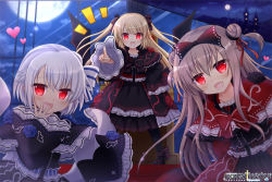 Rule 34 | 1girl, 3girls, black bow, black dress, black footwear, bow, brown hair, castle, double bun, dress, fang, fantasy, frilled dress, frills, full moon, hair bow, hair bun, hand up, heart, heroic songs!, looking at viewer, moon, multiple girls, night, night sky, official art, outdoors, pointing, pointing at viewer, red eyes, single hair bun, sky, standing, tougo, vampire, watermark, white bow, white hair, wide sleeves, wings