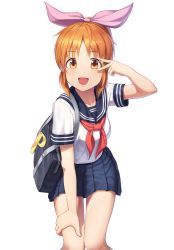 Rule 34 | 1girl, :d, abe nana, absurdres, bag, bag charm, blue sailor collar, blue skirt, blush, brown eyes, brown hair, charm (object), collarbone, commentary, fingernails, goback, hair ribbon, hand on leg, hand on own thigh, highres, idolmaster, idolmaster cinderella girls, leaning forward, looking at viewer, neckerchief, open mouth, parted bangs, pink ribbon, pleated skirt, red neckerchief, ribbon, sailor collar, school bag, school uniform, serafuku, shirt, short sleeves, simple background, skirt, smile, solo, standing, v over eye, white background, white shirt