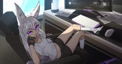 Rule 34 | 1girl, animal ears, black shorts, boots, cigarette, computer, crossed legs, day, desk, feet on table, female focus, fingerless gloves, foot up, fox ears, fox girl, fox tail, gloves, glowing, glowing eyes, hand on own cheek, hand on own face, high heel boots, high heels, highres, keyboard (computer), leg up, looking at viewer, midriff, mouse (computer), multiple tails, navel, original, paper, purple eyes, shirt, shizu fuwamiya (shuuko), short shorts, shorts, shuuko (s h uuko), sitting, smoking, solo, t-shirt, tail, white shirt, window