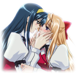 Rule 34 | 00s, 2girls, :o, black bow, blue eyes, blue hair, blush, bow, bowtie, couple, eye contact, female focus, fervent idiot, hair bow, hairband, half updo, hands on another&#039;s cheeks, hands on another&#039;s face, himemiya chikane, holding hands, imminent kiss, kannazuki no miko, kurusugawa himeko, light brown hair, long hair, long sleeves, looking at another, multiple girls, open mouth, parted lips, profile, puffy long sleeves, puffy sleeves, purple eyes, red bow, red ribbon, ribbon, school uniform, upper body, yellow hairband, yuri