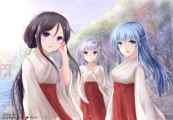 Rule 34 | 10s, 2015, 3girls, artist name, bad id, bad pixiv id, black hair, blue hair, blue sky, copyright name, dated, day, eyebrows, flower, hair flower, hair ornament, hairclip, japanese clothes, kinom (sculpturesky), long hair, looking at viewer, miko, multiple girls, myuu (only sense online), only sense online, open mouth, outdoors, purple eyes, sei (only sense online), siblings, sisters, sky, smile, standing, sunlight, torii, typo, watermark, wide sleeves, yun (only sense online)
