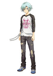 Rule 34 | 1boy, aqua hair, chain, chained, cuffs, denim, disorder 6, full body, hair between eyes, handcuffs, jeans, joe (disorder 6), legs, long image, long sleeves, looking at viewer, male focus, nagahama megumi, official art, pants, purple eyes, raglan sleeves, shirt, shoes, short hair, simple background, sneakers, solo, standing, symbol, tall image, torn clothes, torn jeans, torn pants, uniform, white background