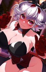 Rule 34 | 1girl, animal ears, beelzebub (helltaker), blush, breasts, cleavage, demon, demon girl, demon horns, freckles, fujioka yatsufusa, gloves, heart, heart-shaped pupils, helltaker, highres, horns, large breasts, leotard, looking at viewer, playboy bunny, rabbit ears, red eyes, red gloves, solo, symbol-shaped pupils, thighs, white hair, white horns