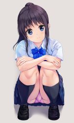 Rule 34 | 1girl, :d, bad id, bad twitter id, black hair, blue bow, blue bowtie, blue eyes, blue panties, blue skirt, blue socks, blush, bow, bowtie, closed mouth, collared shirt, commentary request, dress shirt, grey background, highres, long sleeves, looking at viewer, miniskirt, open mouth, original, panties, pasdar, pleated skirt, pocket, school uniform, shirt, short hair, short ponytail, simple background, skirt, smile, socks, solo, squatting, thighs, underwear, white shirt