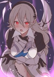 Rule 34 | 1girl, armor, arms under breasts, aura, blush, breast hold, breasts, commentary request, corrin (female) (fire emblem), corrin (fire emblem), crossed arms, dark aura, dragon tail, fangs, fire emblem, fire emblem fates, fire emblem heroes, hair between eyes, hairband, highres, leaning forward, long hair, looking at viewer, nintendo, open mouth, pointy ears, red eyes, shiyo yoyoyo, silver hair, solo, standing, sweat, tail