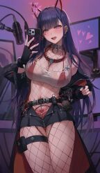 Rule 34 | 1girl, absurdres, akuma nihmune, akuma nihmune (2nd costume), belt, belt pouch, between breasts, bikini, bikini under clothes, black belt, black coat, black gloves, black skirt, blunt bangs, blush, breasts, broken horn, coat, collar, commentary, ear piercing, earrings, fingerless gloves, fishnets, gloves, gluteal fold, heart, heart earrings, highleg, highleg bikini, highres, holding, holding phone, horns, indie virtual youtuber, jewelry, large breasts, licking lips, long hair, looking at viewer, maenoo, metal collar, microphone, monitor, navel, official alternate costume, open clothes, open coat, partially unzipped, phone, piercing, pouch, pubic tattoo, purple hair, red bikini, red collar, see-through, side-tie bikini bottom, skirt, smartphone case, solo, straight hair, swimsuit, tattoo, teeth, thigh gap, thigh pouch, thigh strap, tongue, tongue out, tongue piercing, upper teeth only, very long hair, virtual youtuber, zipper, zipper pull tab