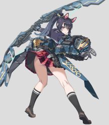 Rule 34 | 1girl, animal ears, armor, ass, black eyes, black hair, black socks, blush, bow (weapon), cat ears, closed mouth, from behind, gauntlets, highres, holding, holding bow (weapon), holding weapon, kneehighs, kneepits, loafers, long hair, looking back, machinery, nishii (damnedrive), original, plaid, plaid skirt, pleated skirt, ponytail, red skirt, school uniform, shoes, skirt, socks, solo, standing, thighs, weapon