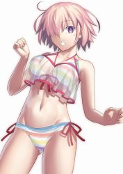 Rule 34 | 1girl, bare shoulders, bikini, breasts, cleavage, collarbone, fate/grand order, fate (series), hair over one eye, large breasts, light purple hair, looking at viewer, mash kyrielight, mash kyrielight (swimsuit of perpetual summer ver.02), mishiro (ixtlolton), multicolored bikini, multicolored clothes, navel, official alternate costume, open mouth, purple eyes, rainbow bikini, see-through, short hair, simple background, solo, striped bikini, striped clothes, swimsuit, thighs, white background
