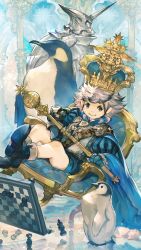 Rule 34 | &gt;:), 1boy, bird, blue eyes, blue gloves, board game, boots, cape, chess, chess piece, chessboard, child, crown, emperor penguin, gloves, grey hair, highres, looking at viewer, male focus, medal, nejita, original, penguin, pillar, puffy sleeves, scepter, shorts, shoulder belt, sitting, solo, statue, tarot, tarot (medium), the emperor (tarot), throne, v-shaped eyebrows, vambraces
