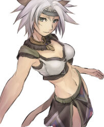 Rule 34 | 1girl, animal ears, adventurer (ff11), breasts, brown tail, cactus41747280, cat ears, cat girl, cat tail, cleavage, closed mouth, final fantasy, final fantasy xi, green eyes, grey hair, grey headband, hair intakes, headband, loincloth, medium breasts, mithra (ff11), navel, no eyebrows, short hair, simple background, solo, tail, white background
