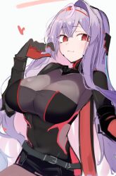 Rule 34 | 1girl, armored bodysuit, asususususu, black bodysuit, blush, bodysuit, breasts, cleavage, covered navel, goddess of victory: nikke, grey bodysuit, halo, holding, holding sword, holding weapon, large breasts, long hair, looking at viewer, purple hair, red eyes, rose (nikke), see-through, see-through cleavage, smile, solo, sword, very long hair, weapon